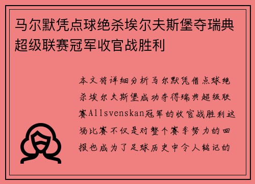 马尔默凭点球绝杀埃尔夫斯堡夺瑞典超级联赛冠军收官战胜利 马尔默凭点球绝杀埃尔夫斯堡夺瑞典超级联赛冠军收官战胜利